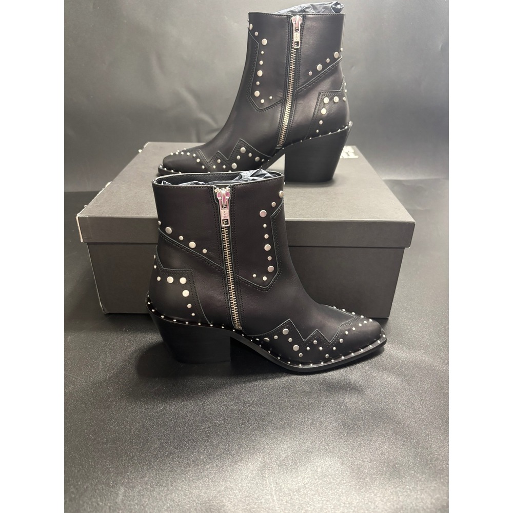 The Kooples Women's Santiag Leather Studded Ankle Booties Black/Silver FR 37/US6 - Picture 2 of 12